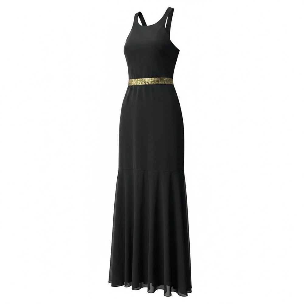 Express Women Black Gold Criss Cross Back Sheer Bottom Maxi Dress Size 12